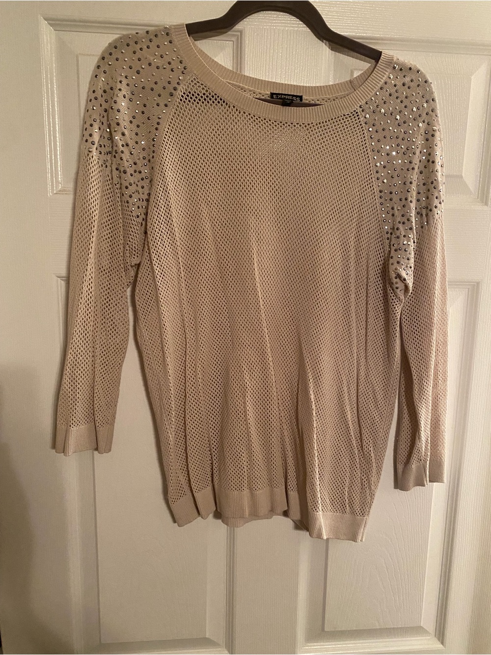 Express Cream Open-Knit Crewneck Sweater with Rhinestone Shoulders
